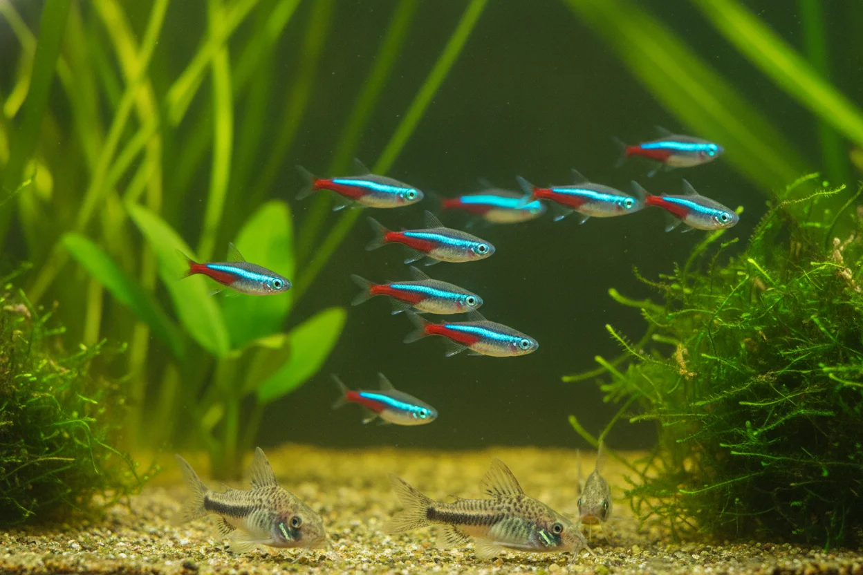 Peces neon nadando con corydoras en un acuario comunitario plantado