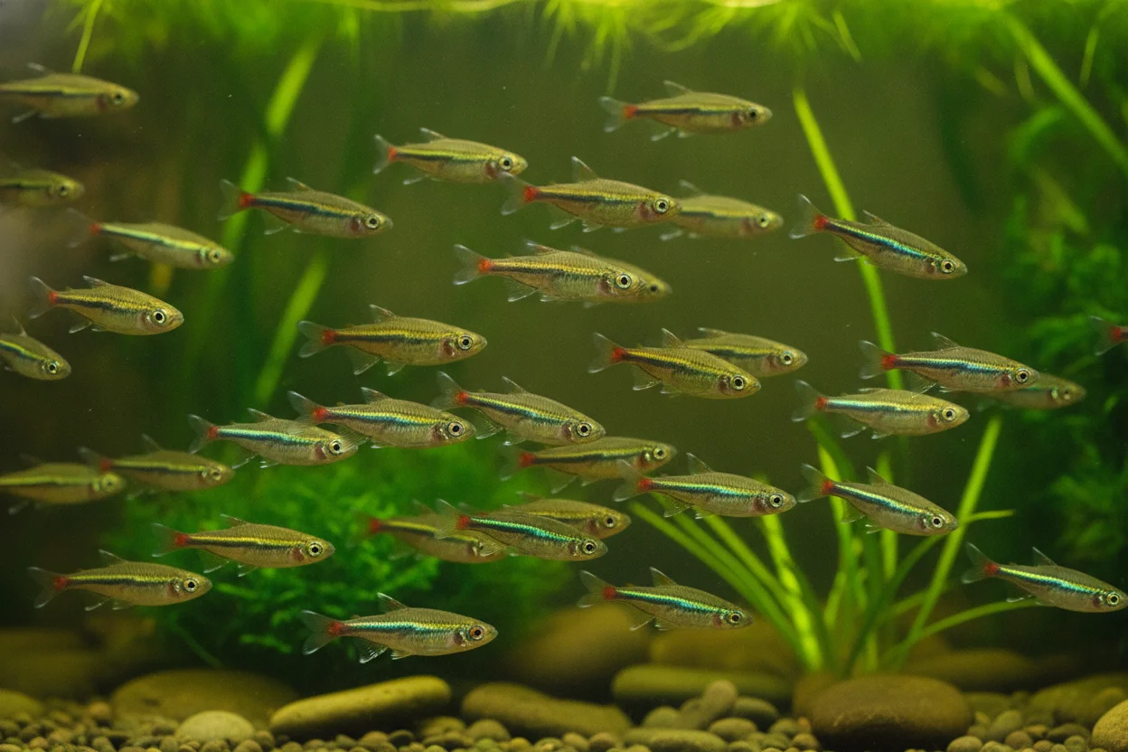 Cardumen de neones chinos (Tanichthys albonubes) en acuario plantado mostrando su característica línea iridiscente verde