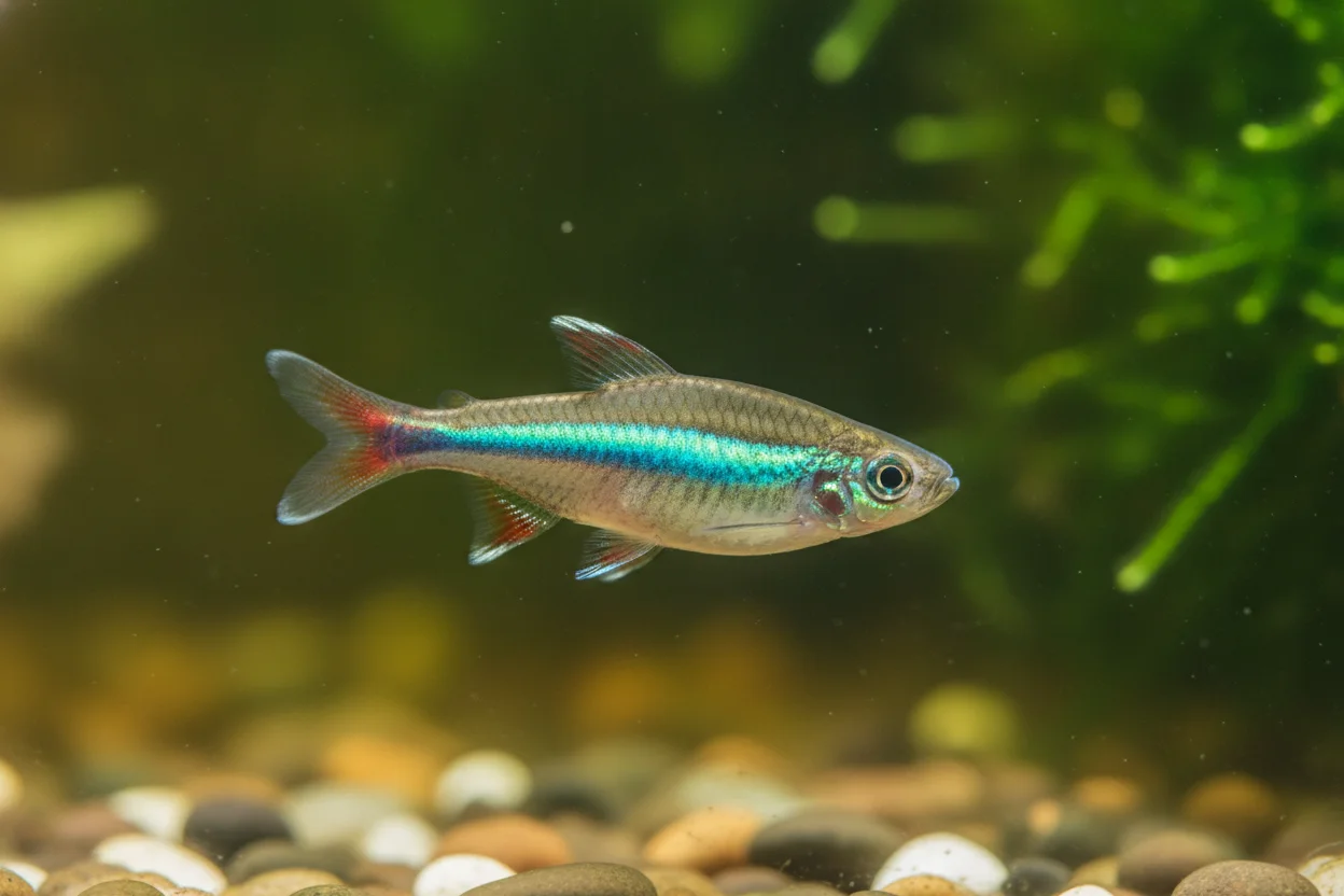 Neón chino con su línea iridiscente y la cola roja en un acuario plantado