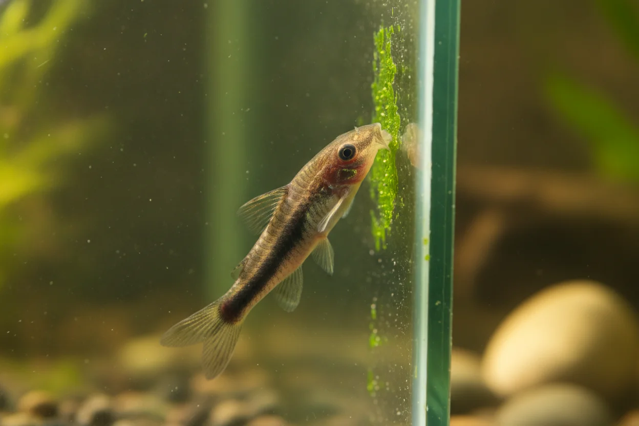 Otocinclus pegado al cristal del acuario comiendo algas