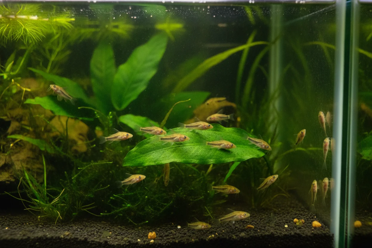 Grupo o cardumen de varios otocinclos dorados juntos sobre una hoja ancha en un acuario plantado