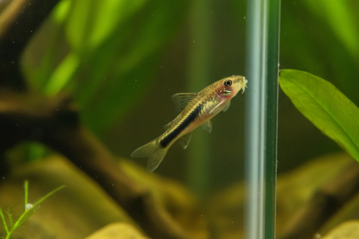 Otocinclo dorado pegado al cristal de un acuario plantado