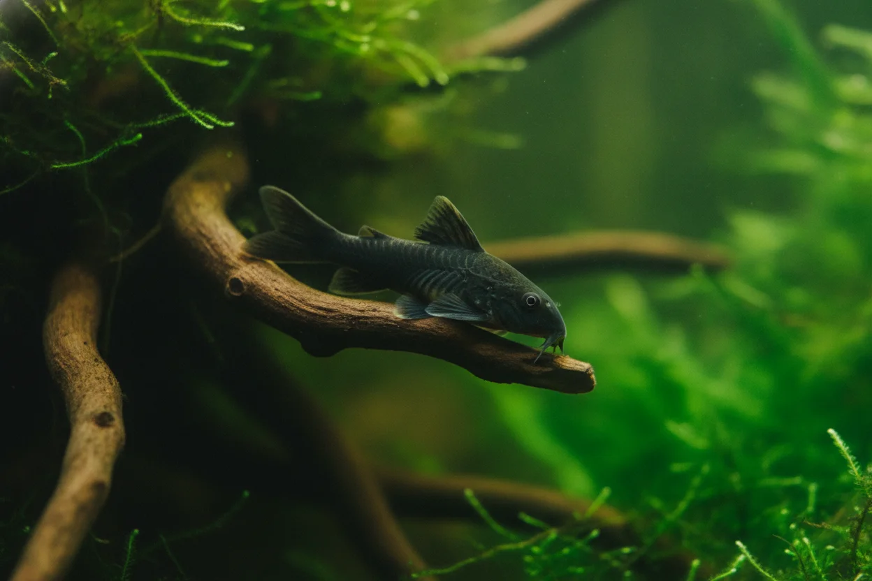 Otocinclus de cuerpo oscuro casi negro adherido a una raíz