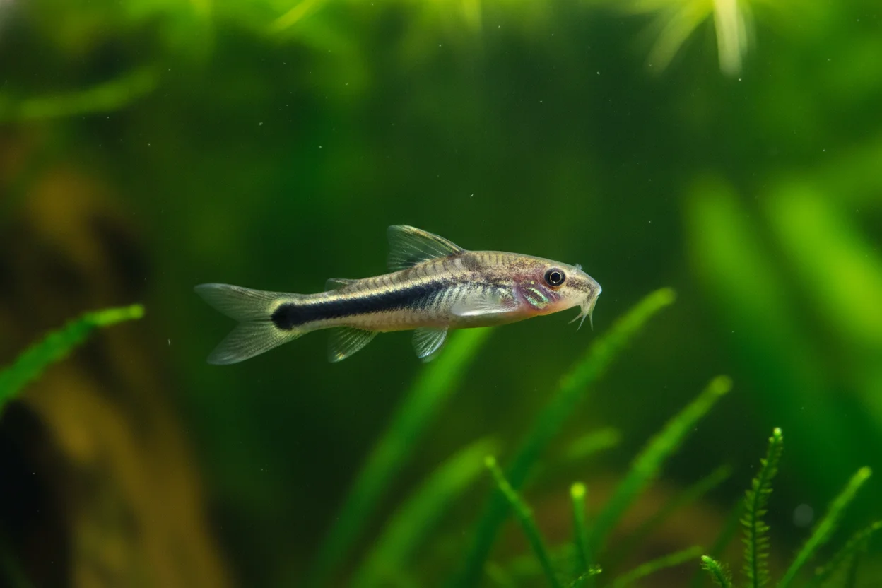 Otocinclus vittatus con una banda negra horizontal muy marcada y mancha en la cola