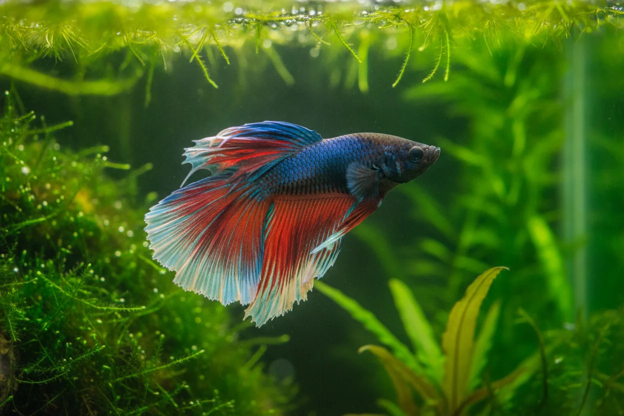 Pez betta macho azul y rojo nadando entre plantas de un acuario