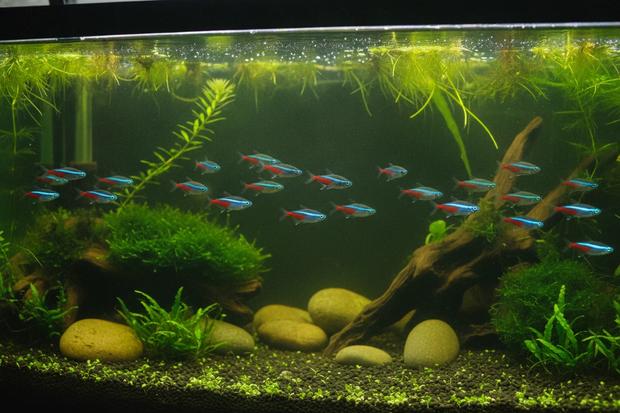 Pequeño banco de peces diminutos en un nano de más litros