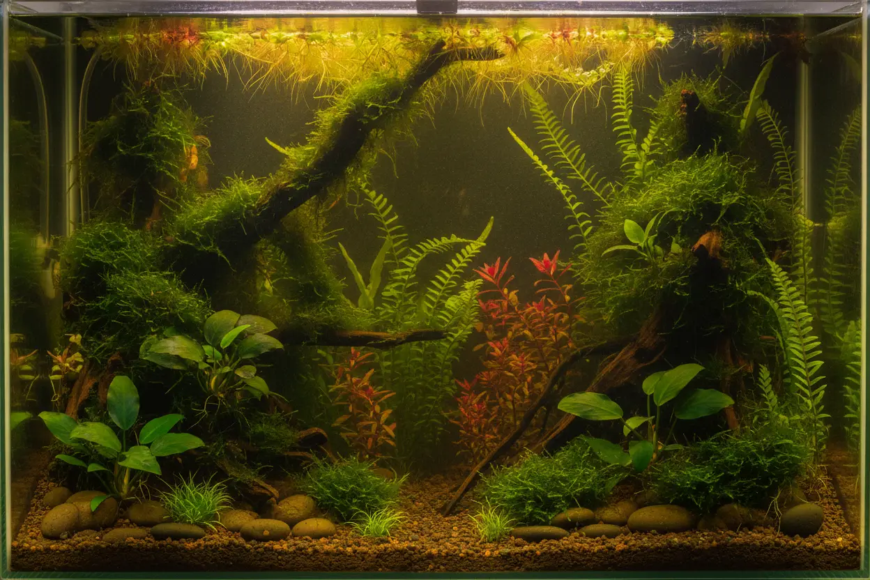 Pecera pequeña solo con plantas, sin peces