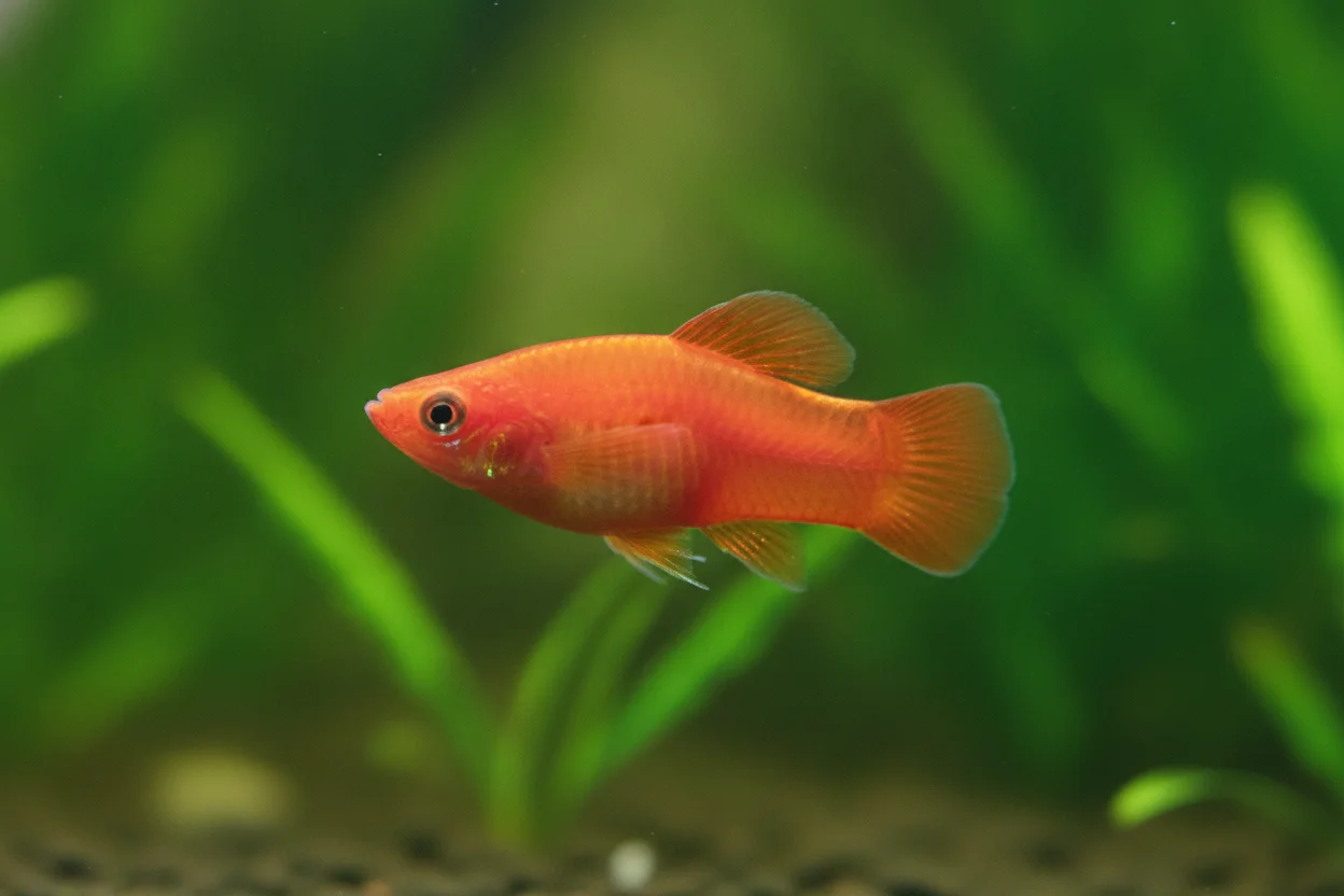 Pez platy coral nadando en un acuario plantado, cuerpo robusto y corto con cola en abanico