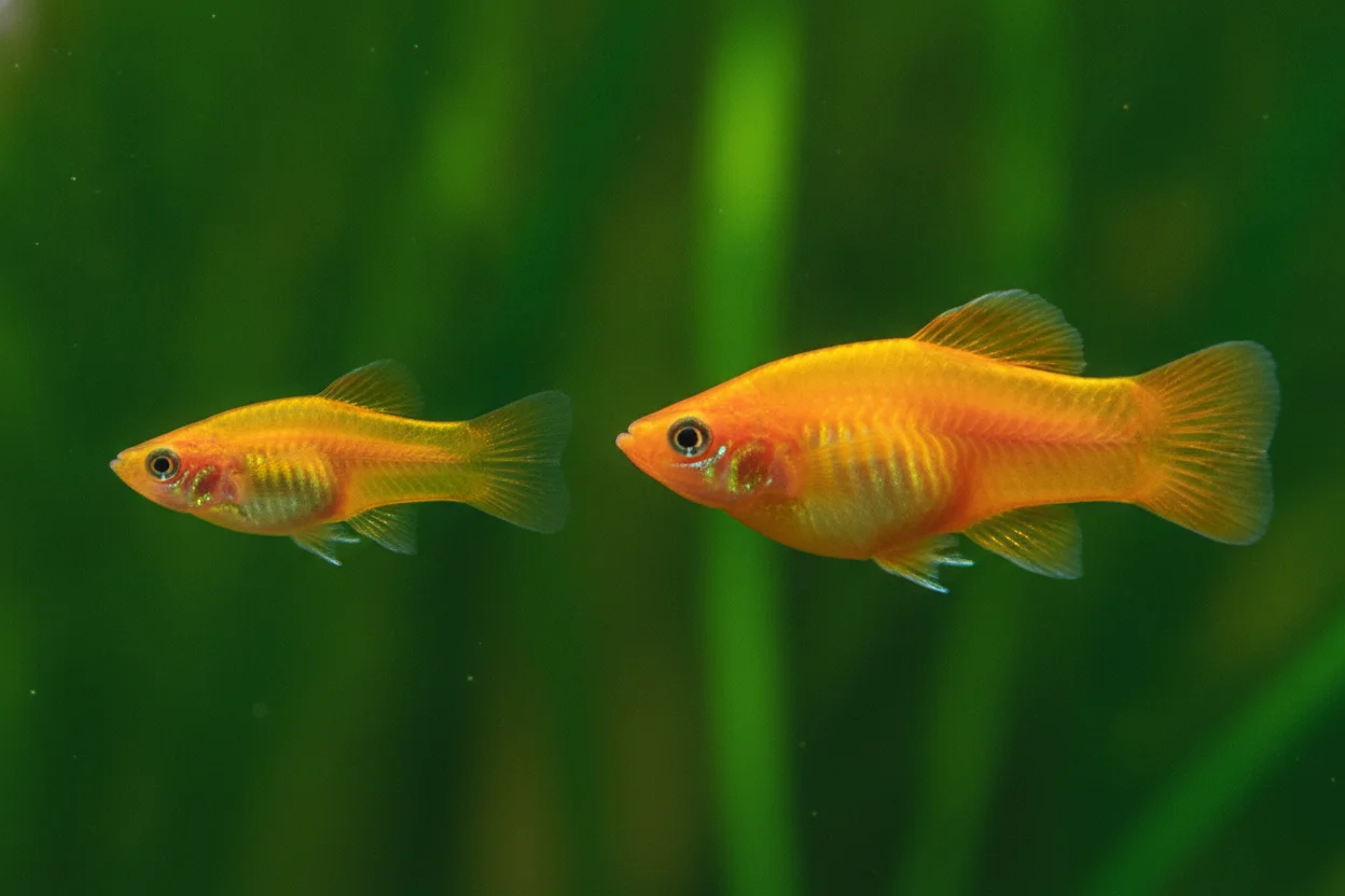 Comparativa platy macho y hembra: el macho más pequeño con gonopodio en la aleta anal, la hembra más grande y redondeada
