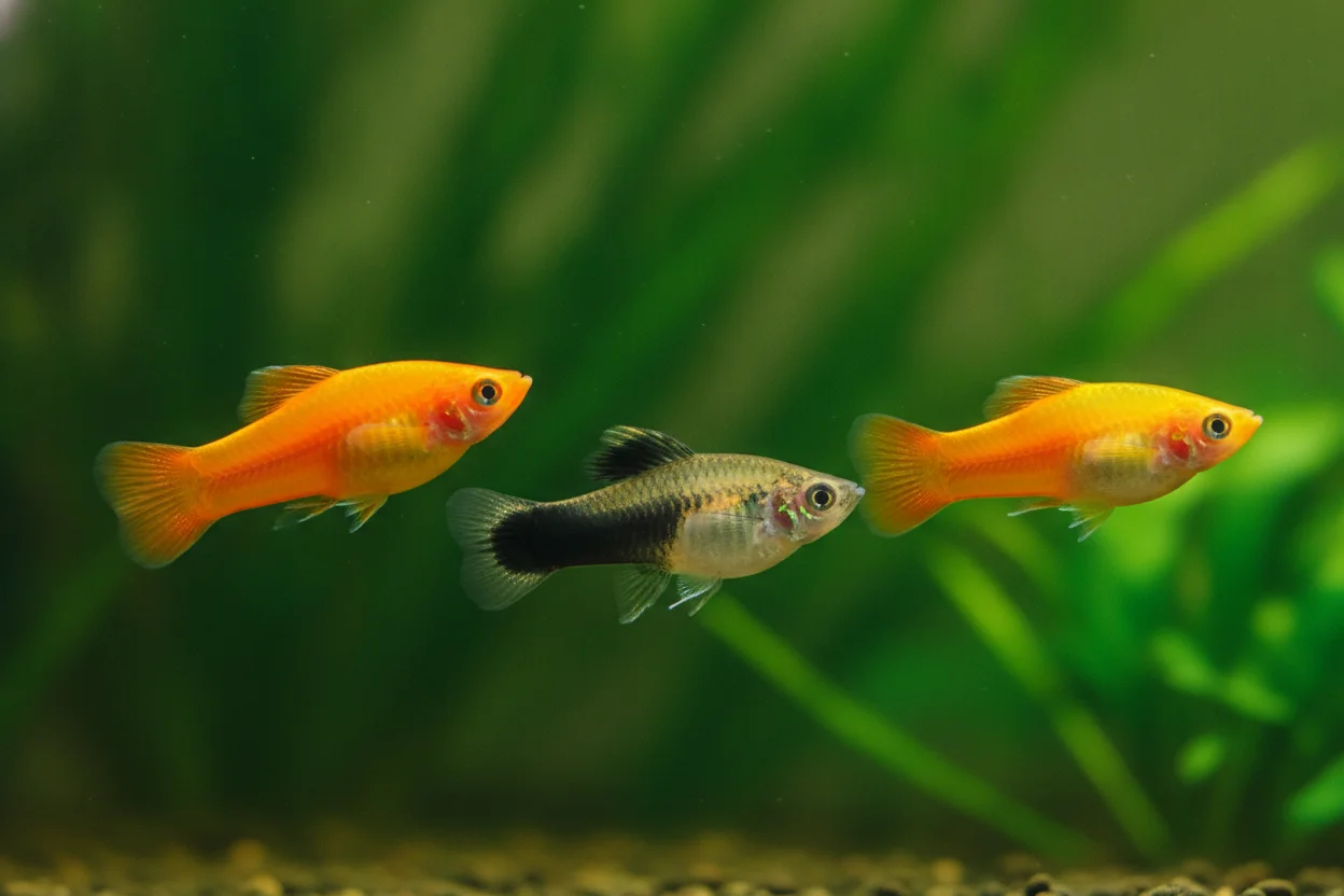 Trío de variedades de pez platy: platy mickey mouse con mancha negra en la cola, platy tuxedo bicolor y platy sunset naranja