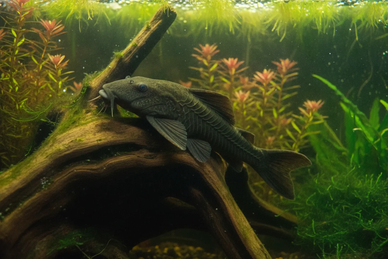 Pez plecostomus de boca de ventosa adherido a un tronco en el acuario