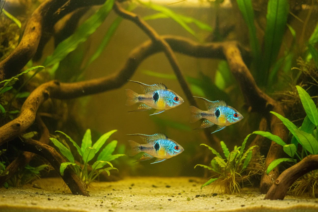 Acuario plantado cálido con ramirezis, arena fina, plantas de hoja ancha y luz suave