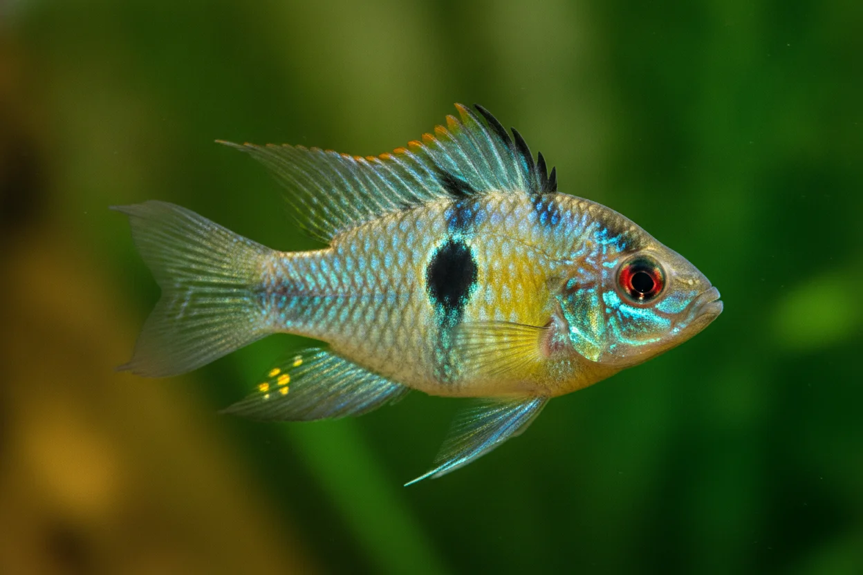 Ramirezi alemán (German Blue Ram) macho con dorsal erguida y coloración azul y dorada en acuario plantado
