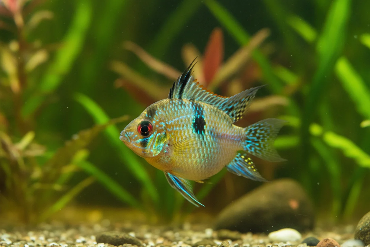 Ramirezi balón (balloon) con cuerpo esféricamente redondeado por deformidad seleccionada en acuario plantado