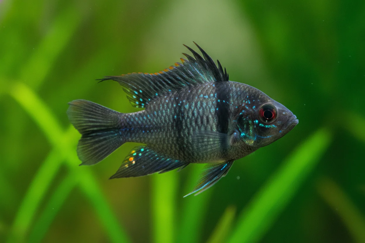 Ramirezi black o carbon con cuerpo oscuro y azul profundo y patrón muy contrastado en acuario plantado