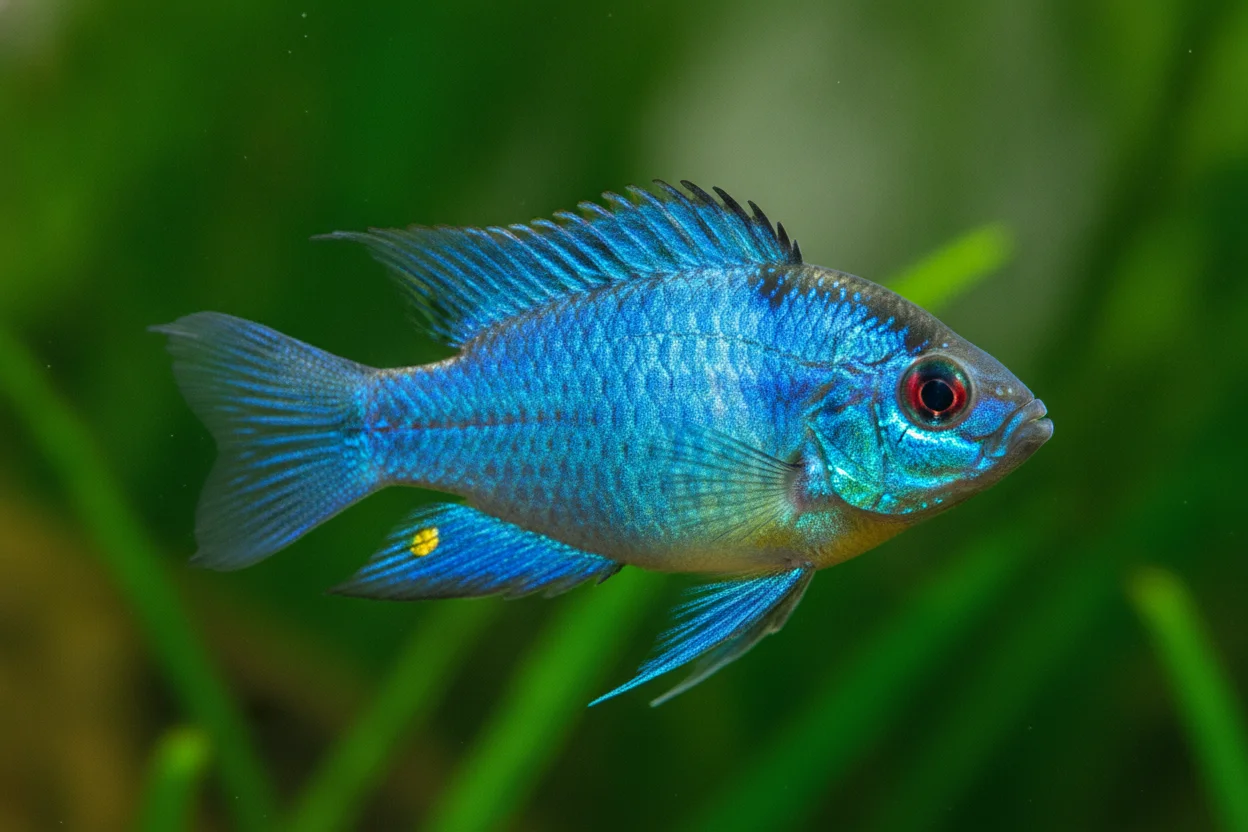 Ramirezi azul eléctrico (Electric Blue Ram) con cuerpo casi completamente azul iridiscente en acuario plantado