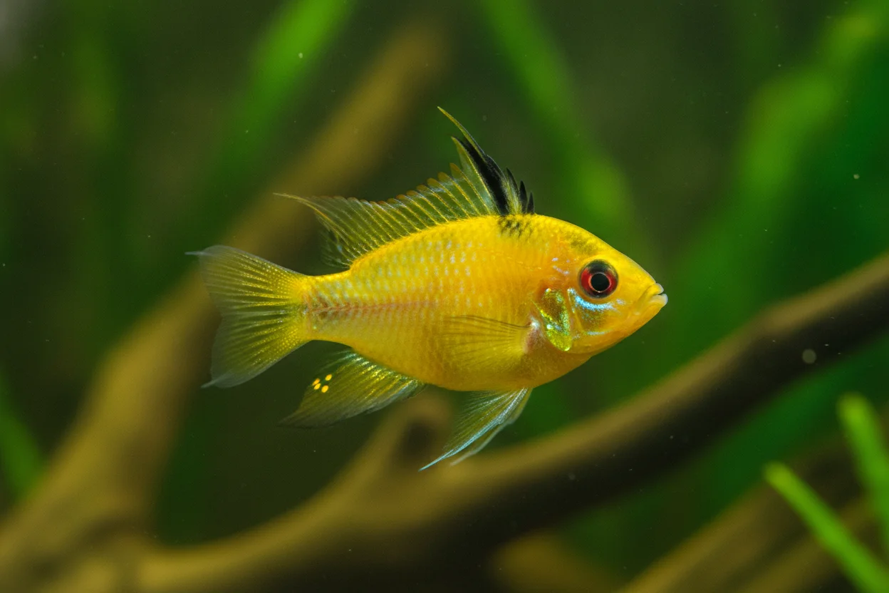 Ramirezi gold con cuerpo dorado uniforme y ausencia de pigmento oscuro en acuario plantado