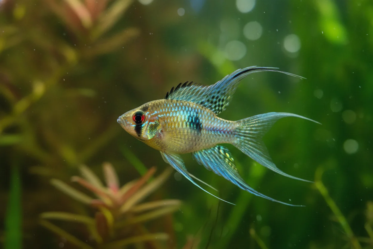 Ramirezi velo (long fin) con aletas dorsales y caudales largas y filamentosas en acuario sin corrientes