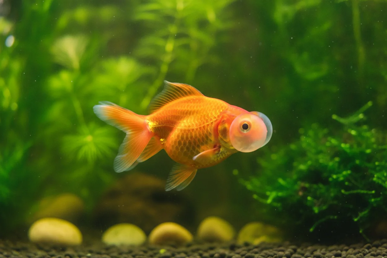 Goldfish ojo de burbuja con sacos de líquido bajo los ojos
