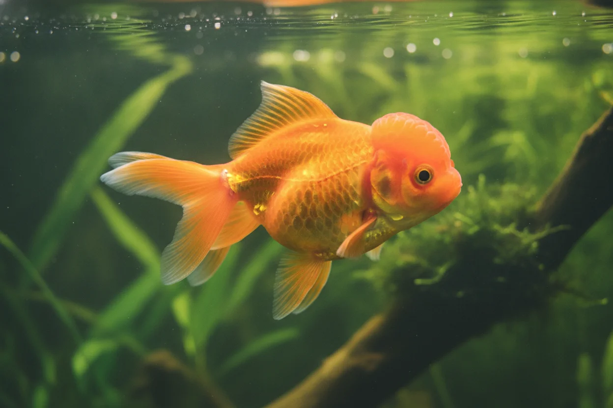 Goldfish oranda naranja con capucha wen en la cabeza