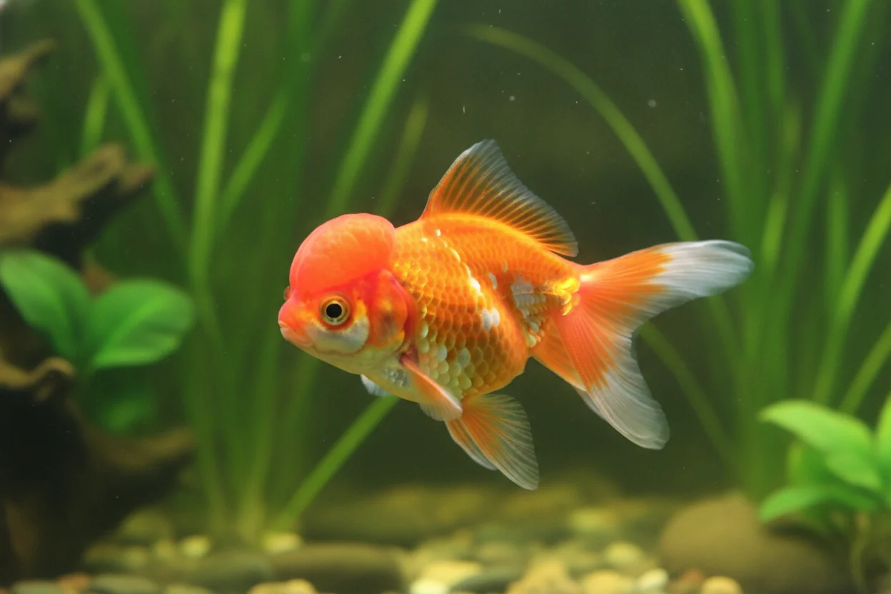 Goldfish ryukin naranja y blanco con joroba pronunciada