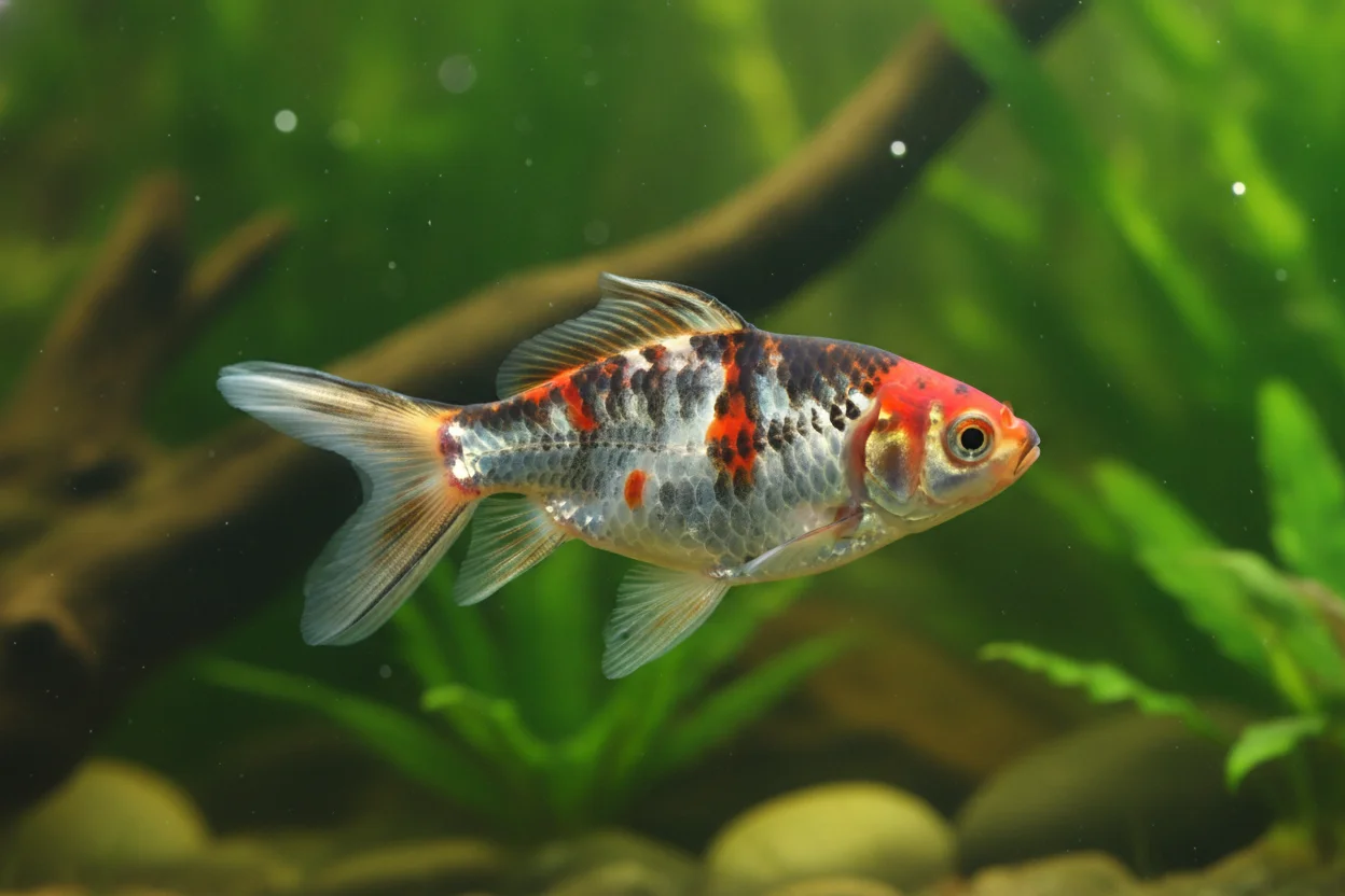 Goldfish shubunkin de coloración calicó azul, rojo y negro