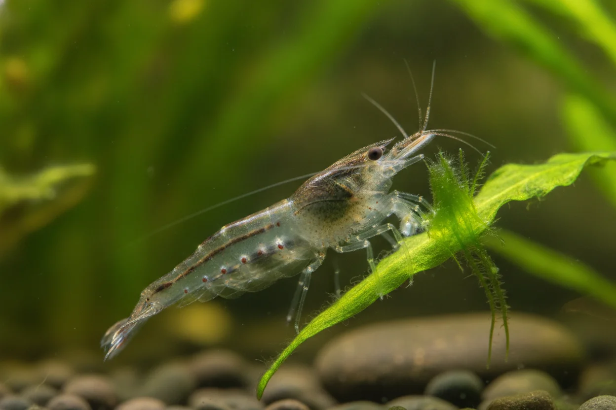 Gamba amano comiendo alga filamentosa verde sobre una hoja de planta de acuario