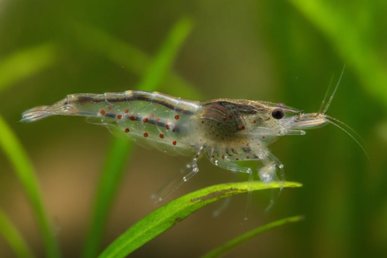 Detalle lateral del cuerpo translúcido de la gamba amano con su hilera de puntos