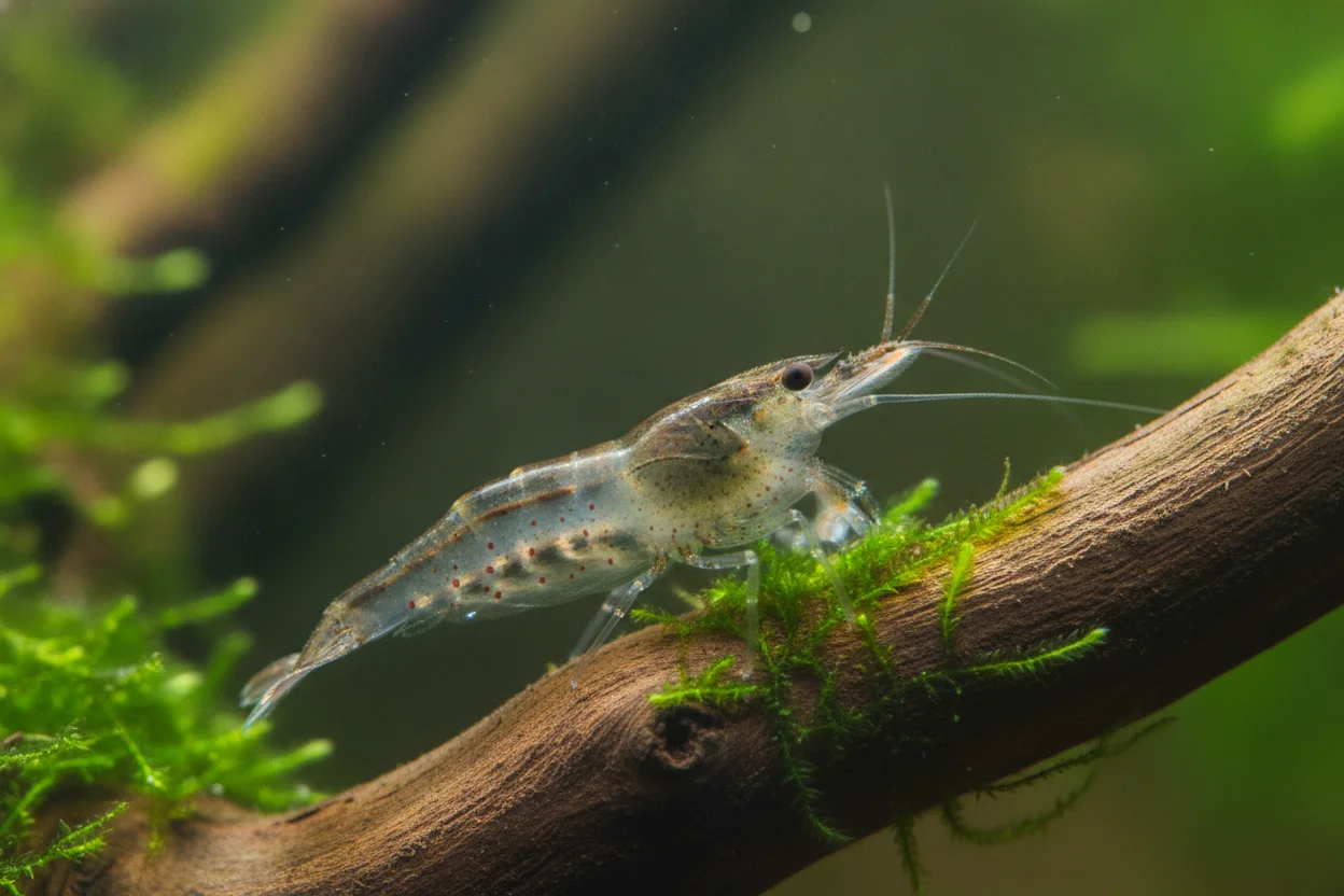 Gamba amano translúcida con puntos marrones sobre madera en acuario plantado