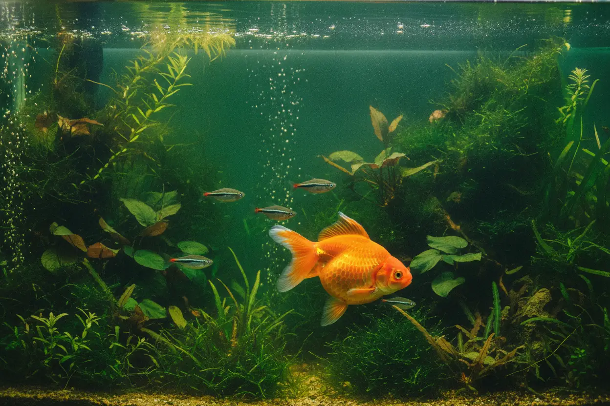 Goldfish nadando junto a un cardumen de peces cebra en un acuario de agua fría plantado
