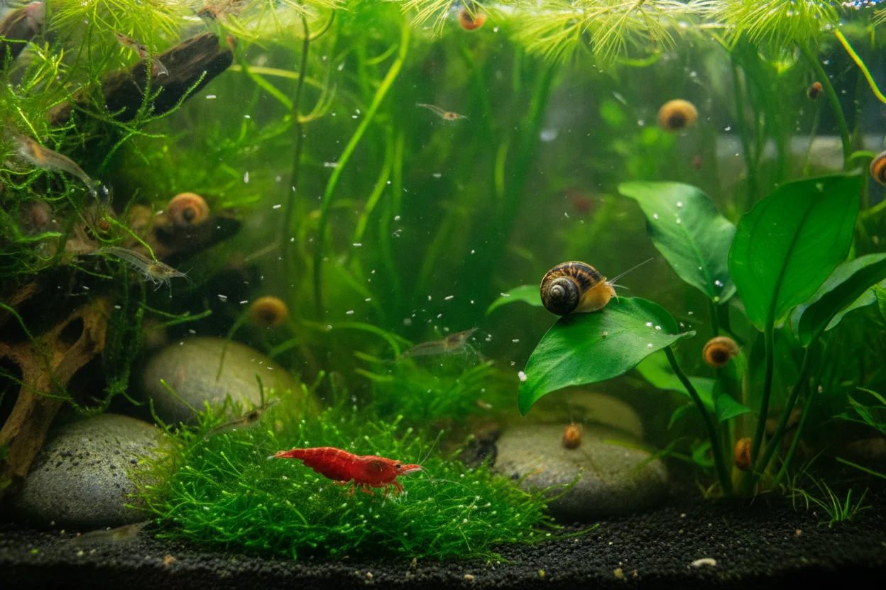 Gamba roja y caracol conviviendo en un acuario plantado