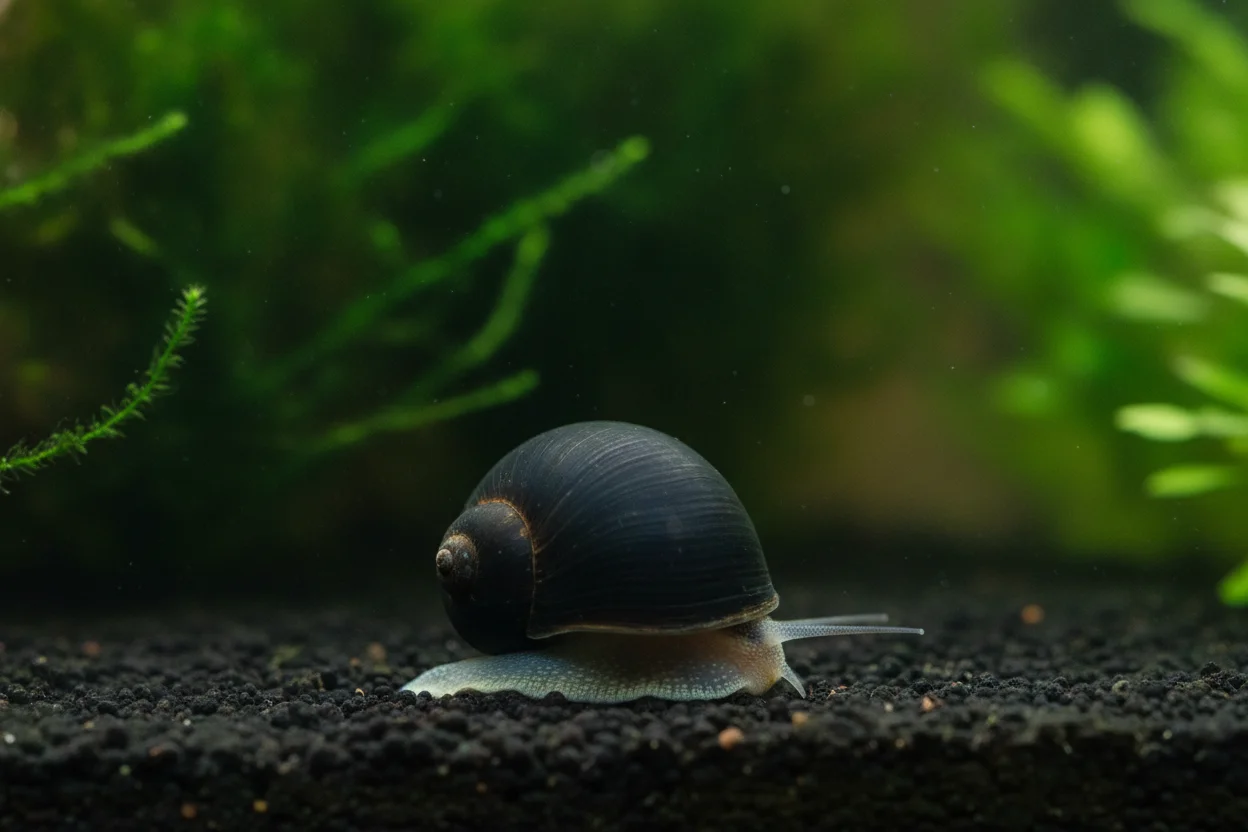 Caracol casco militar de concha negra lisa y gruesa, variedad Neritina pulligera