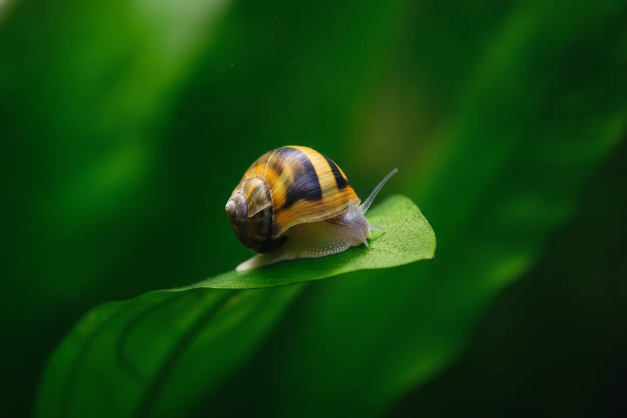Caracol neritina cebra con rayas negras y doradas curvas sobre su concha