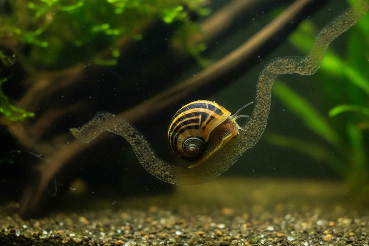 Caracol neritina raspando diatomeas marrones y punto verde sobre el cristal de un acuario