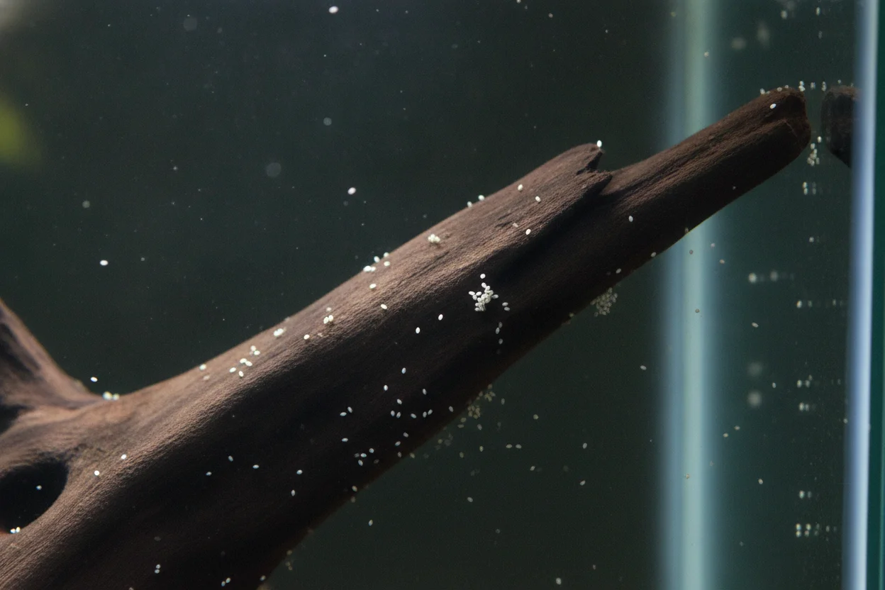 Huevos blancos de caracol neritina en cápsulas diminutas sobre madera de acuario