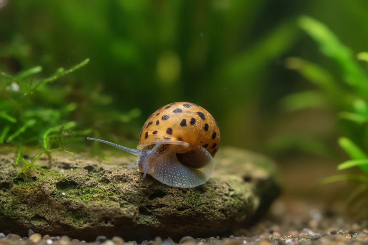 Caracol neritina tigre con manchas y puntos irregulares sobre fondo marrón claro