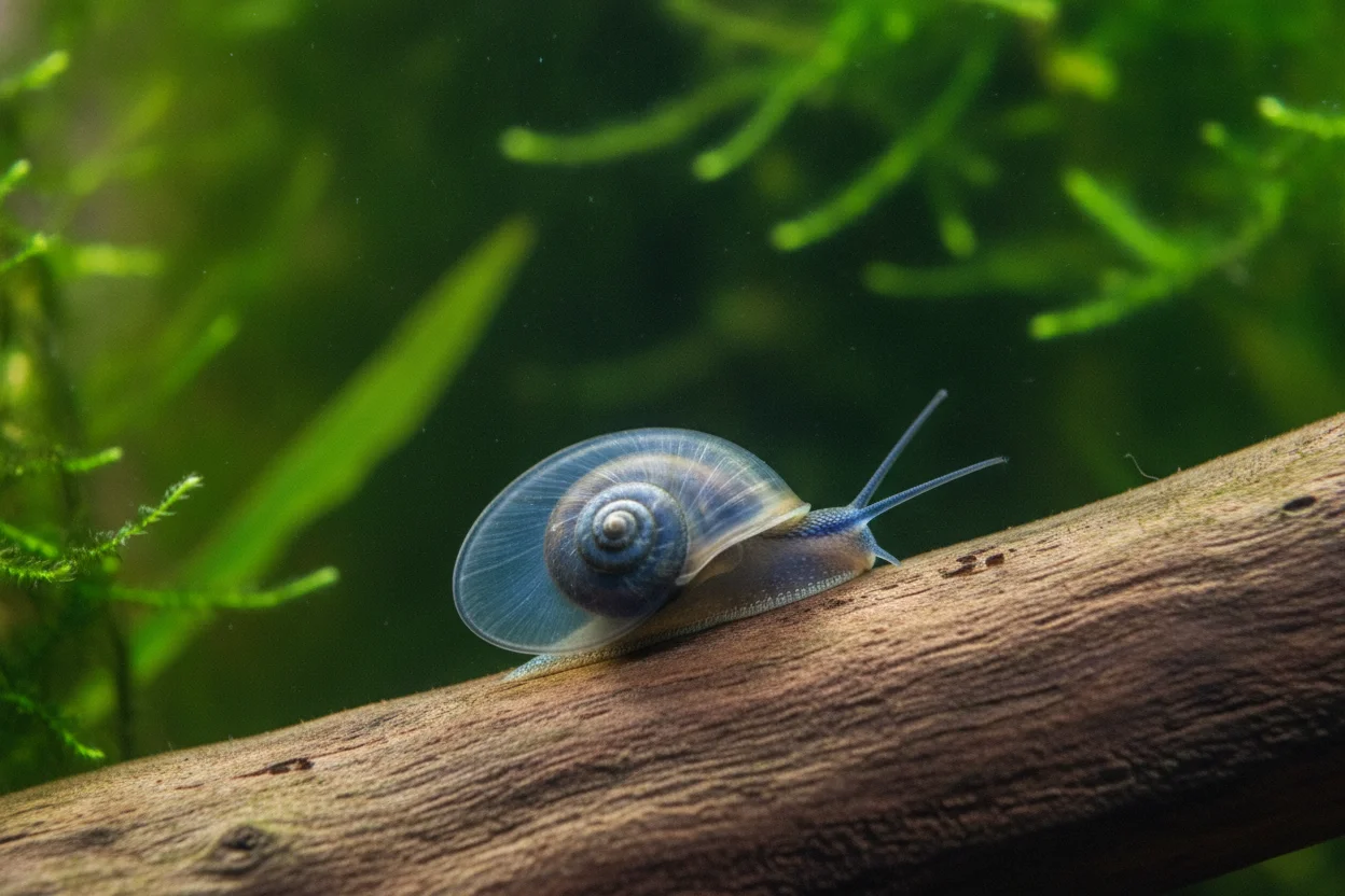 Caracol planorbis azul de cuerpo azulado y concha translúcida