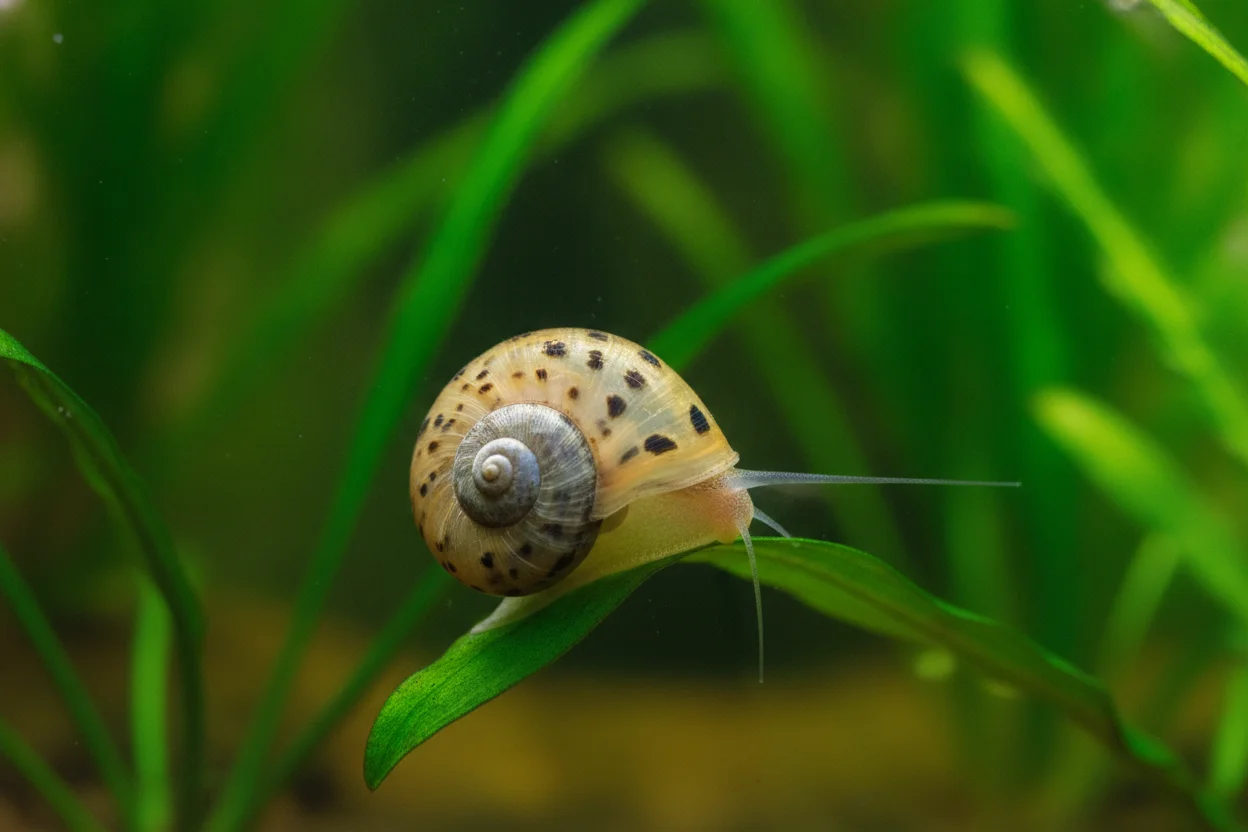 Caracol planorbis leopardo con la concha moteada de manchas azules