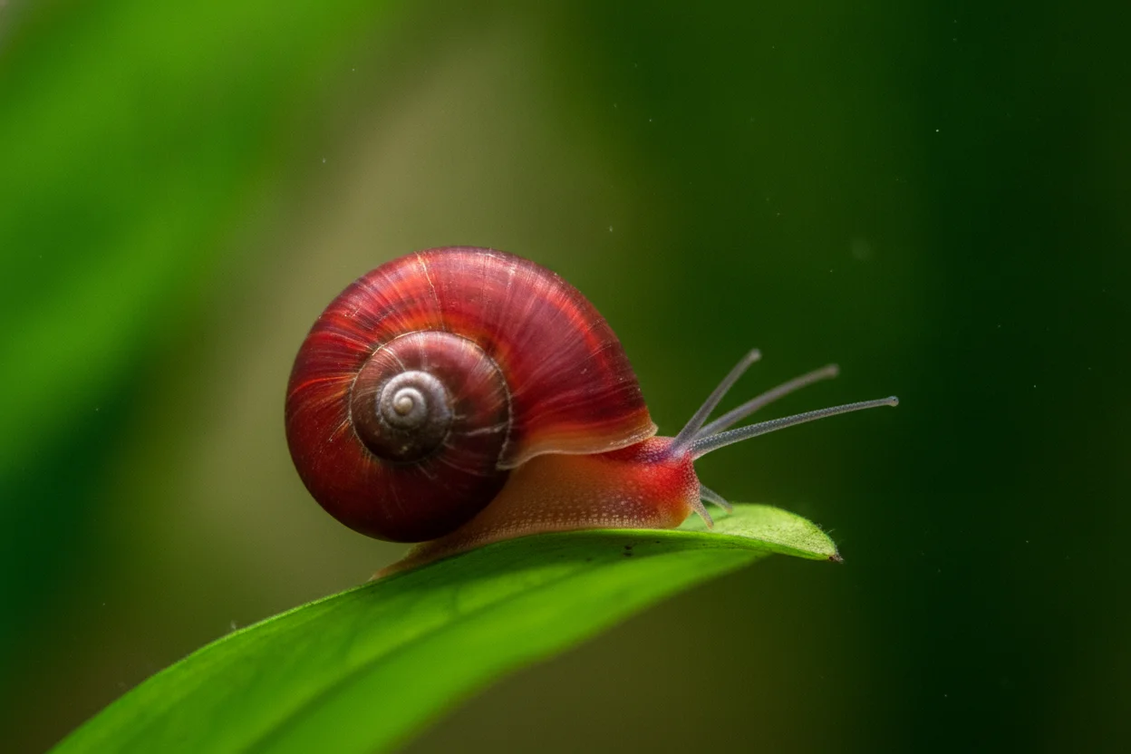 Caracol planorbis rojo de concha planispiral sobre el cristal de un acuario