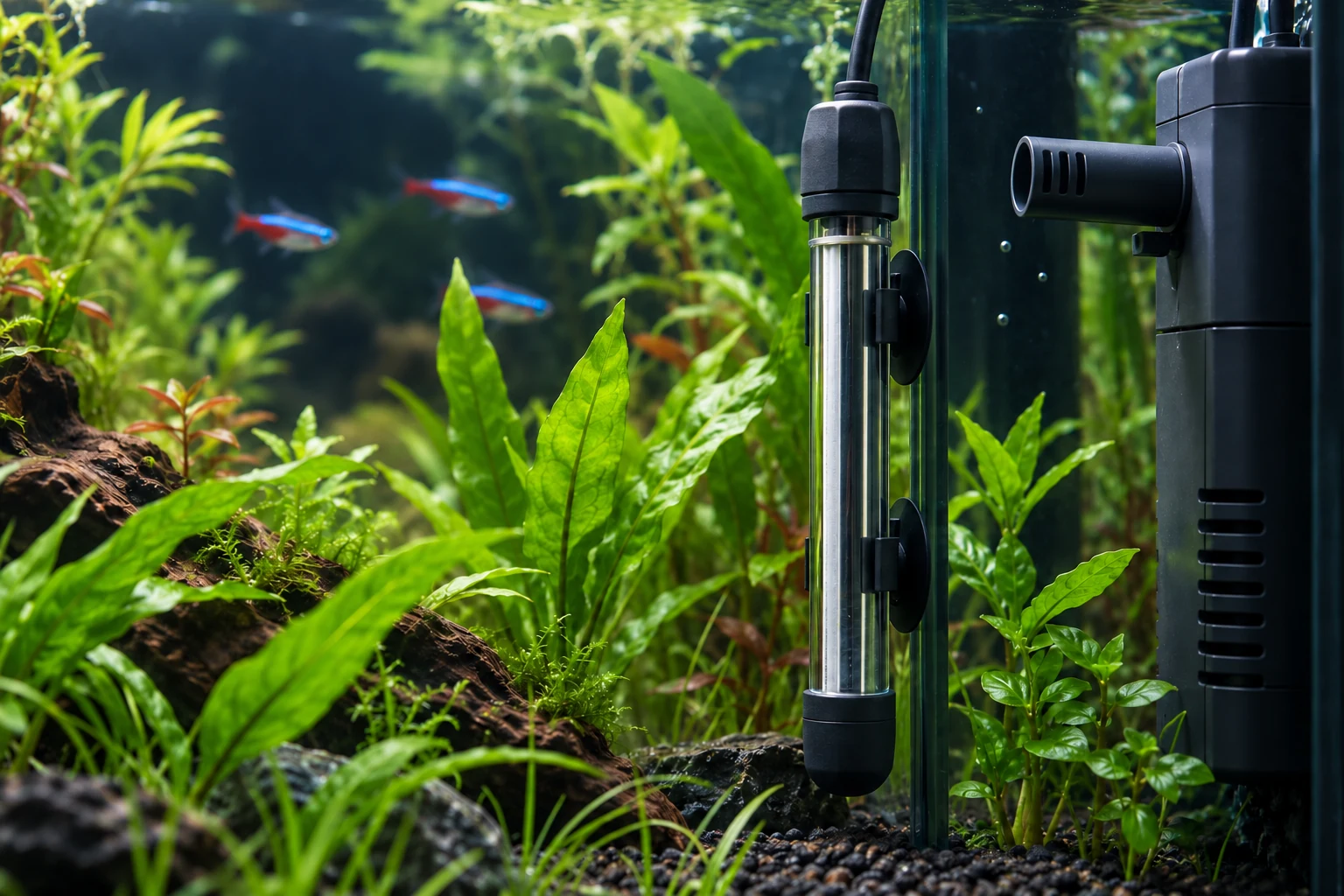 Calentador vertical junto a la salida del filtro en un acuario plantado con neones
