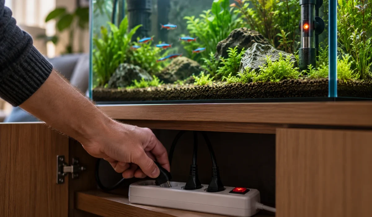 Mano enchufando en la regleta el equipo de un acuario plantado y encendido