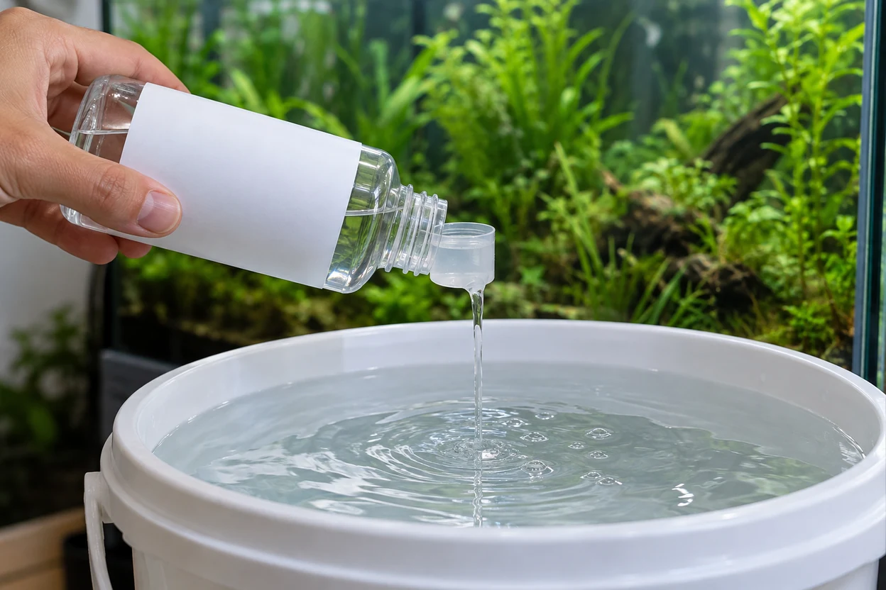 Mano vertiendo acondicionador de agua con el tapón dosificador en un cubo, junto a un acuario plantado