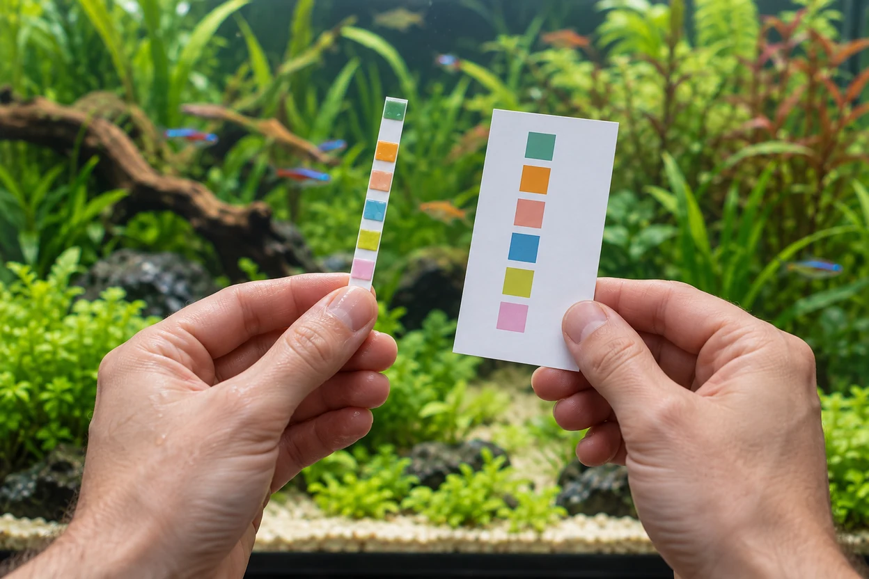Manos comparando una tira reactiva mojada con su carta de colores frente a un acuario plantado